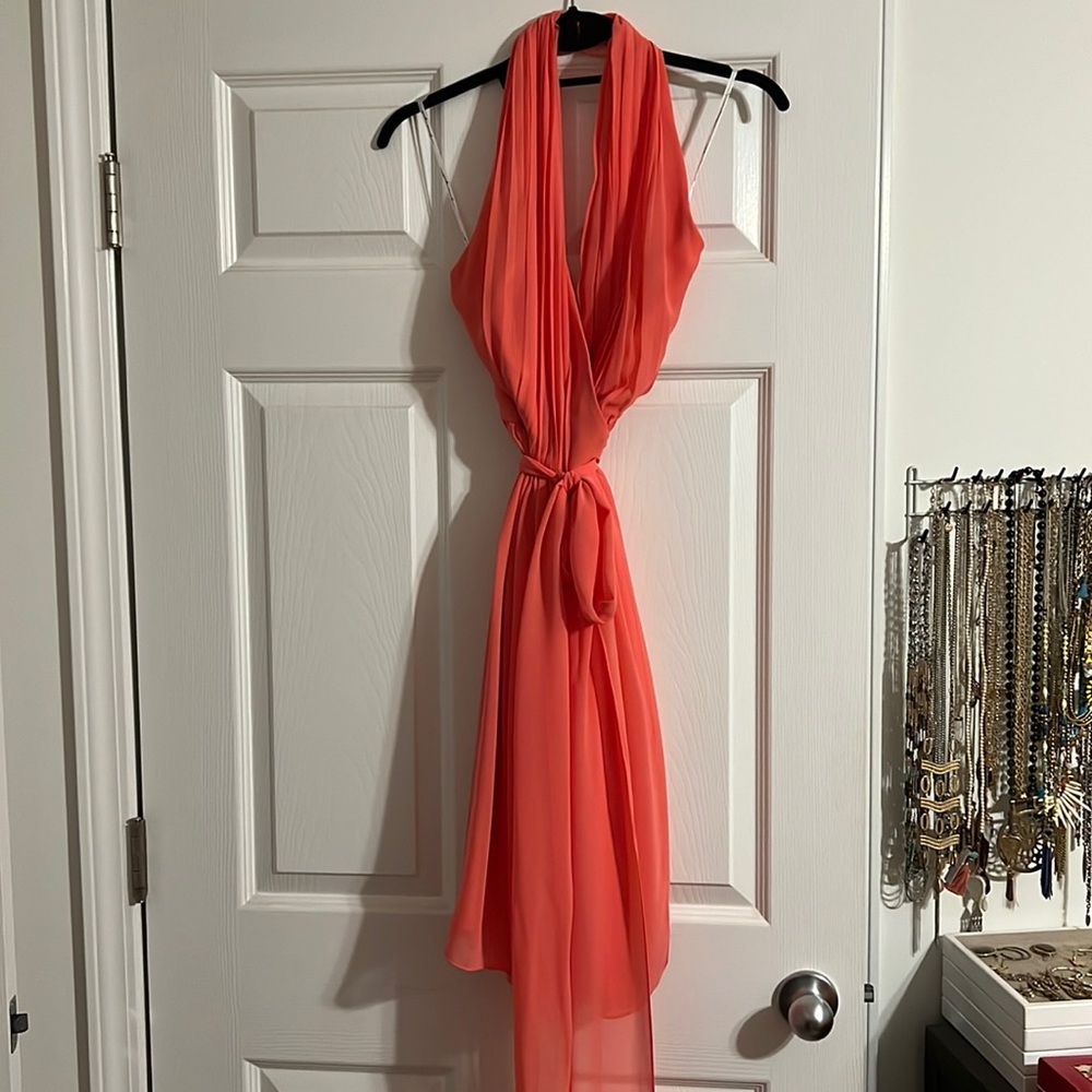 Joanna August Coral Chiffon Wrap Dress